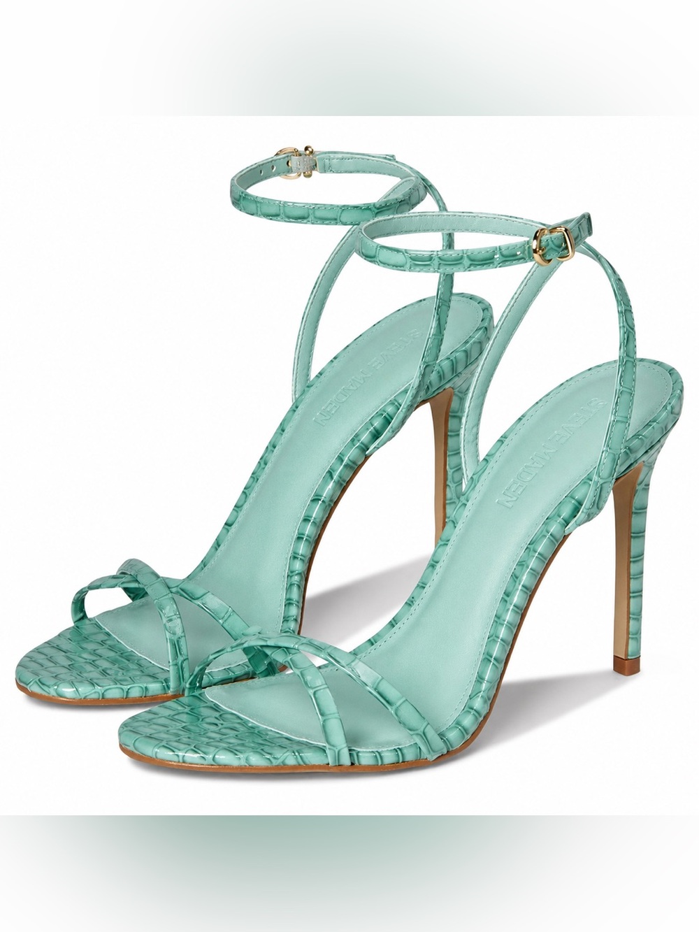 Steve Madden Gypsy Croc Embossed Strappy Stiletto Sandals Seafoam Green 8M - Picture 2 of 8